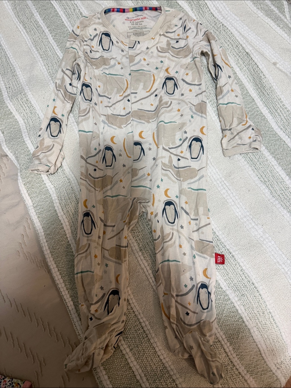 Magnetic Me Beige Penguin Print Footed One-Piece